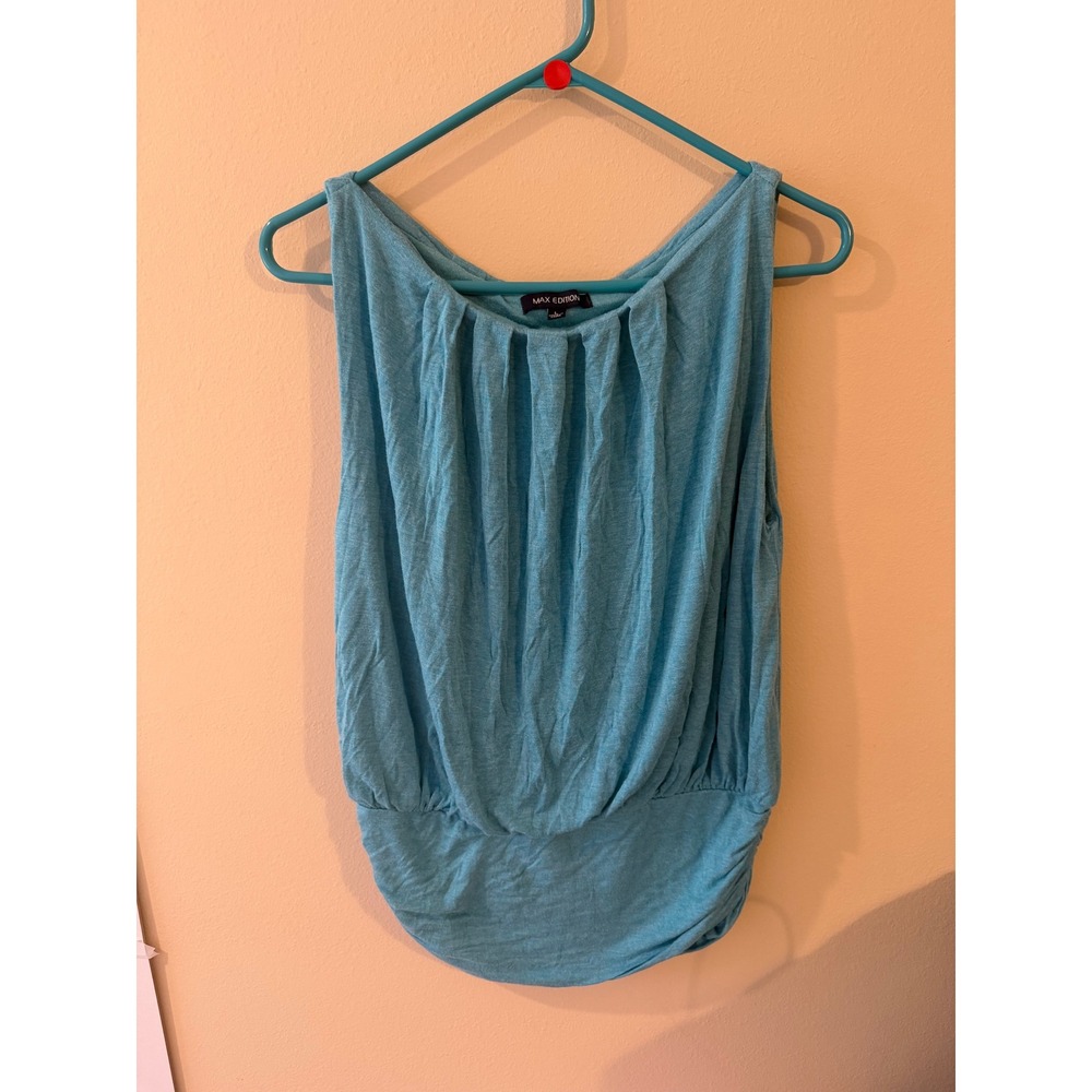 Max Edition Women Pleated Neck Bubble Hem Sleeveless Blouse Turquoise Blue Large